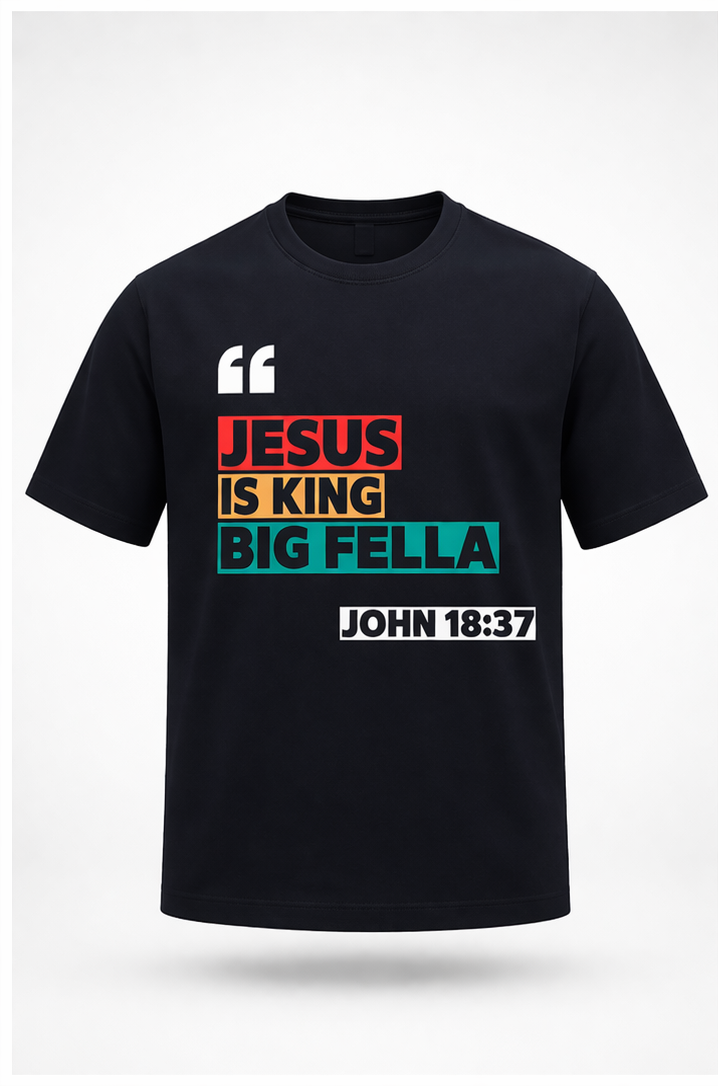 Black t-shirt with colorful text and design on front, white logo on back