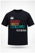 Black t-shirt with colorful text and design on front, white logo on back