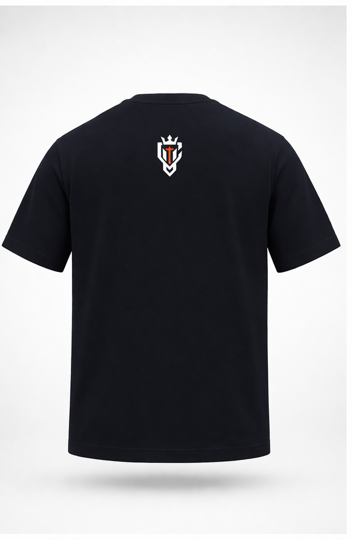 Black t-shirt with colorful text and design on front, white logo on back