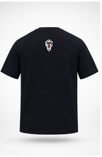 Black t-shirt with colorful text and design on front, white logo on back