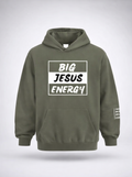 Green hoodie with 'BIG JESUS ENERGY' text on front and logo on back, on a white background