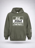 Green hoodie with 'BIG JESUS ENERGY' text on front and logo on back, on a white background