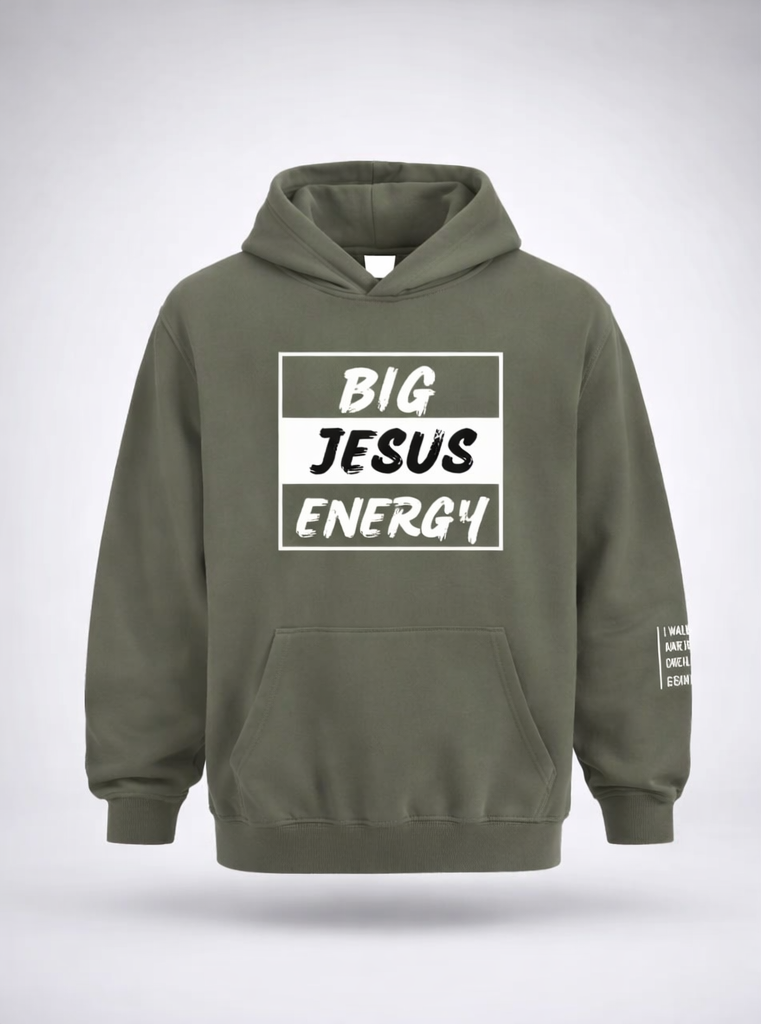 Green hoodie with 'BIG JESUS ENERGY' text on front and logo on back, on a white background