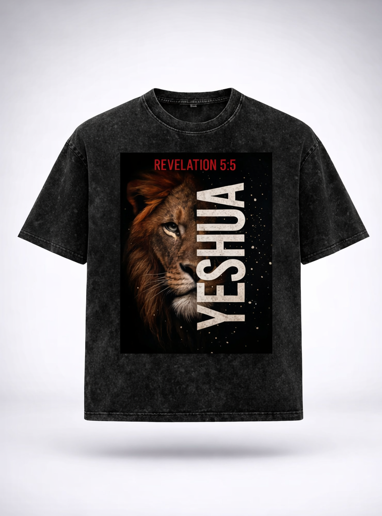 Black t-shirt with lion graphic and text on front and back