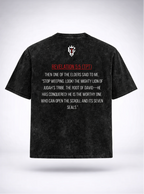 Black t-shirt with lion graphic and text on front and back