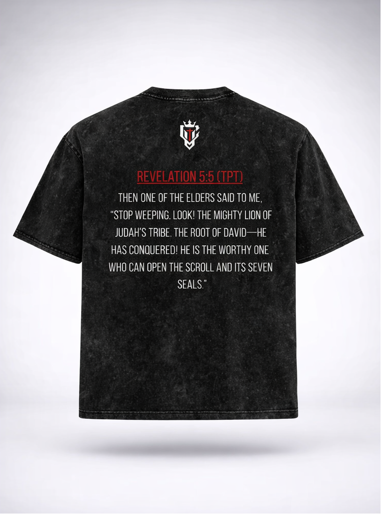 Black t-shirt with lion graphic and text on front and back