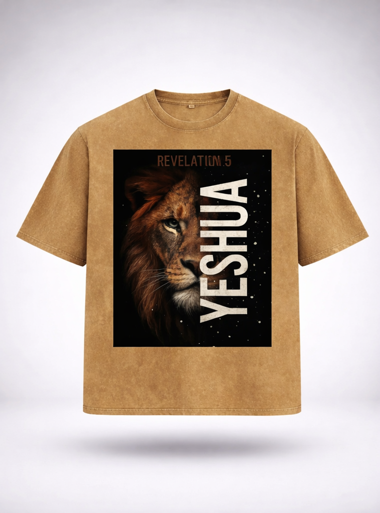 Brown t-shirt with lion graphic and 'Yeshua' text on front, Revelation 5:5 on back