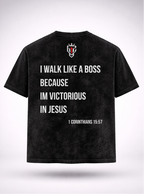 Black t-shirt with motivational text on a white background