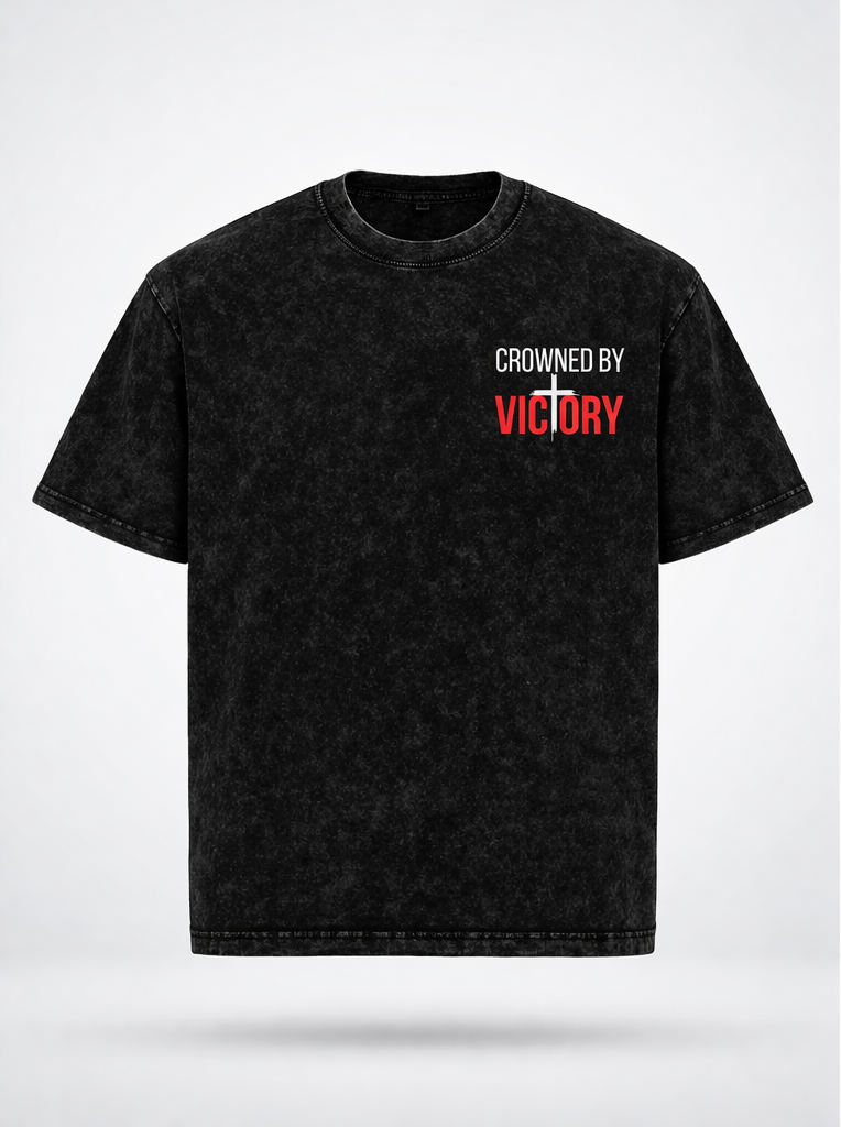 Black t-shirt with text on front and back on a white background