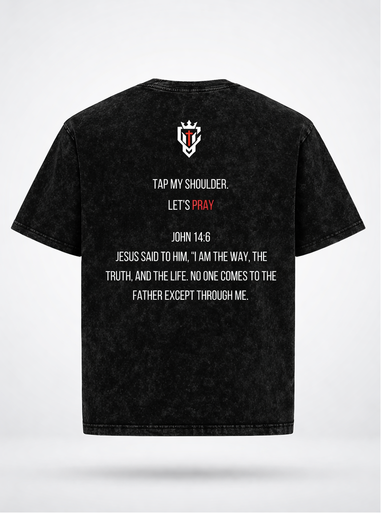 Black t-shirt with text on front and back on a white background