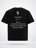 Black t-shirt with text on front and back on a white background