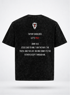 Black t-shirt with text on front and back on a white background