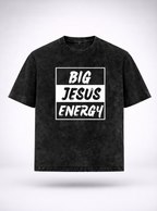 Black t-shirt with 'BIG JESUS ENERGY' text on front and logo on back