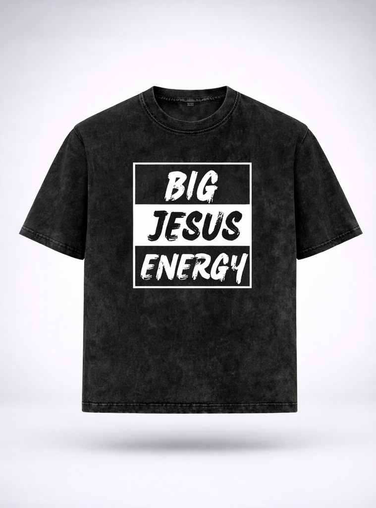Black t-shirt with 'BIG JESUS ENERGY' text on front and logo on back