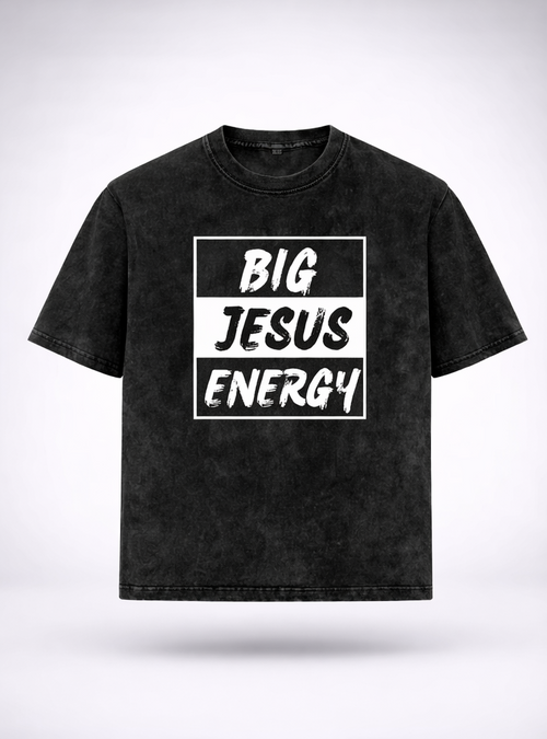 Black t-shirt with 'BIG JESUS ENERGY' text on front and logo on back