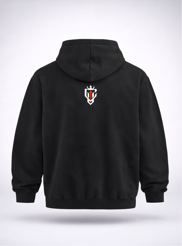 Black hoodie with colorful text on the front and a logo on the back, displayed on a white background.