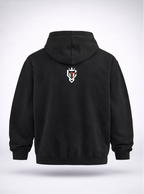 Black hoodie with colorful text on the front and a logo on the back, displayed on a white background.