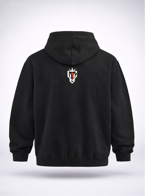 Black hoodie with colorful text on the front and a logo on the back, displayed on a white background.