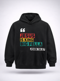 Black hoodie with colorful text on the front and a logo on the back, displayed on a white background.