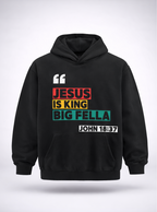 Black hoodie with colorful text on the front and a logo on the back, displayed on a white background.