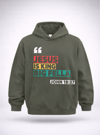 Green hoodie with colorful text on the front and a logo on the back, displayed on a white background.