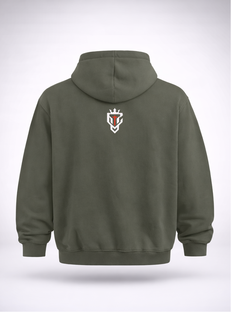 Green hoodie with colorful text on the front and a logo on the back, displayed on a white background.