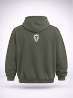 Green hoodie with colorful text on the front and a logo on the back, displayed on a white background.