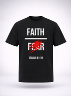 Black t-shirt with 'Faith Over Fear' text and Isaiah 41:10 quote on a white background