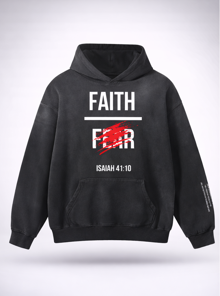 Black hoodie with 'Faith Over Fear' text and design on a white background