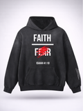 Black hoodie with 'Faith Over Fear' text and design on a white background