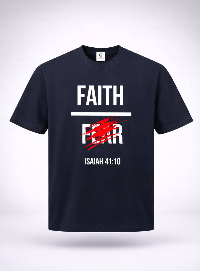 Black t-shirt with 'FAITH OVER FEAR' text and Isaiah 41:10 on a white background