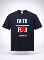 Black t-shirt with 'FAITH OVER FEAR' text and Isaiah 41:10 on a white background