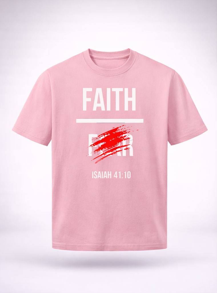 Pink t-shirt with 'FAITH' and scripture text on a white background