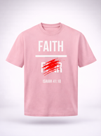 Pink t-shirt with 'FAITH' and scripture text on a white background
