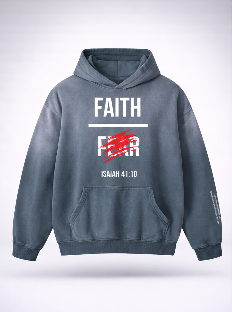 Gray hoodie with 'FAITH' text and design on front and back, on a light gray background
