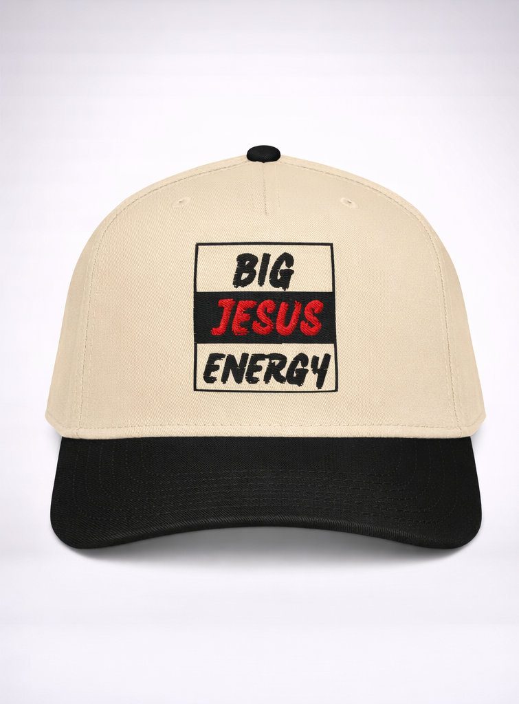 Beige cap with black visor and text on front, and gray back with logo.