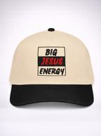 Beige cap with black visor and text on front, and gray back with logo.
