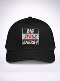 Black cap with 'BIG JESUS ENERGY' text on one side and a logo on the other, on a white background.