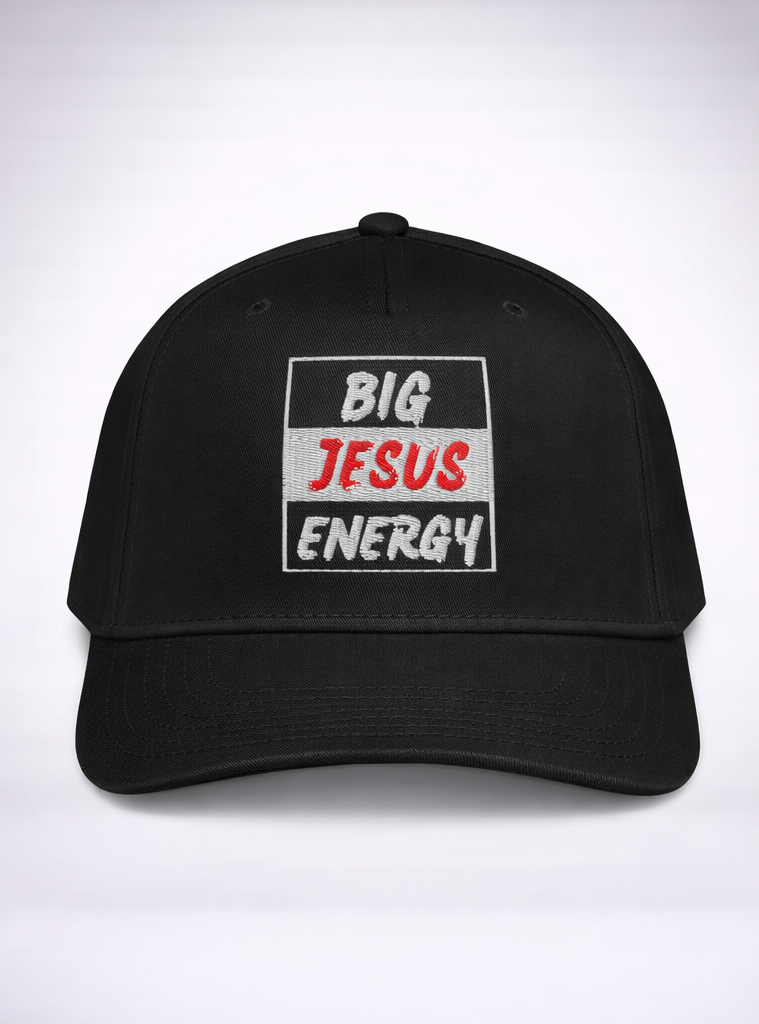 Black cap with 'BIG JESUS ENERGY' text on one side and a logo on the other, on a white background.