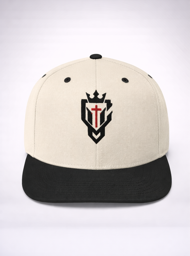 Beige cap with black brim and logo on front, back view showing adjustable strap.