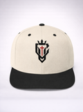 Beige cap with black brim and logo on front, back view showing adjustable strap.