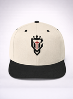 Beige cap with black brim and logo on front, back view showing adjustable strap.