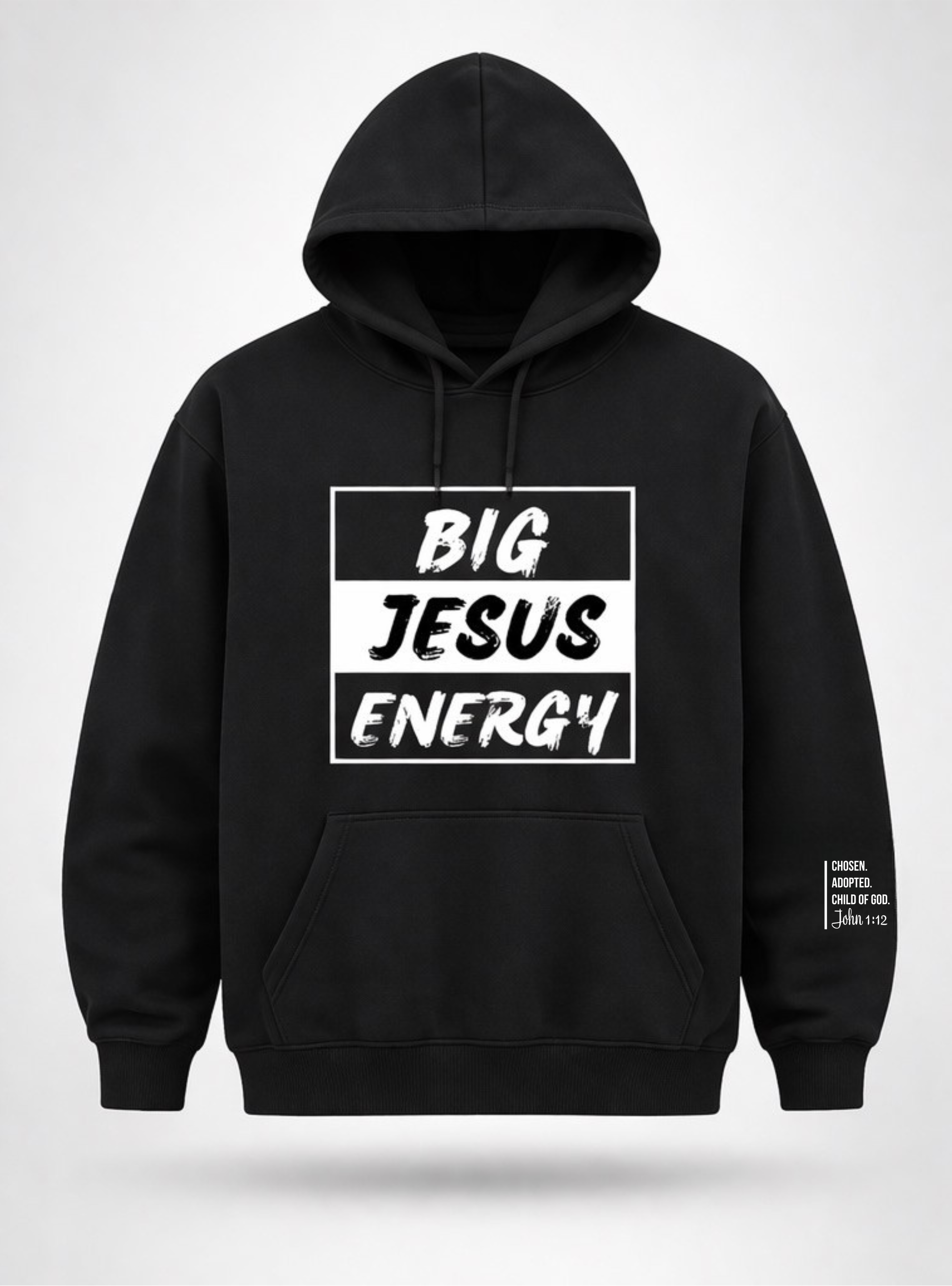 Black hoodie with 'BIG JESUS ENERGY' text on front and logo on back, on a white background