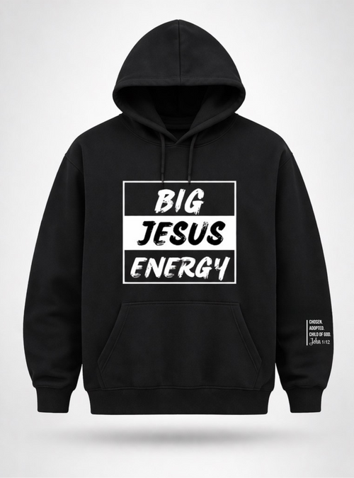 Black hoodie with 'BIG JESUS ENERGY' text on front and logo on back, on a white background